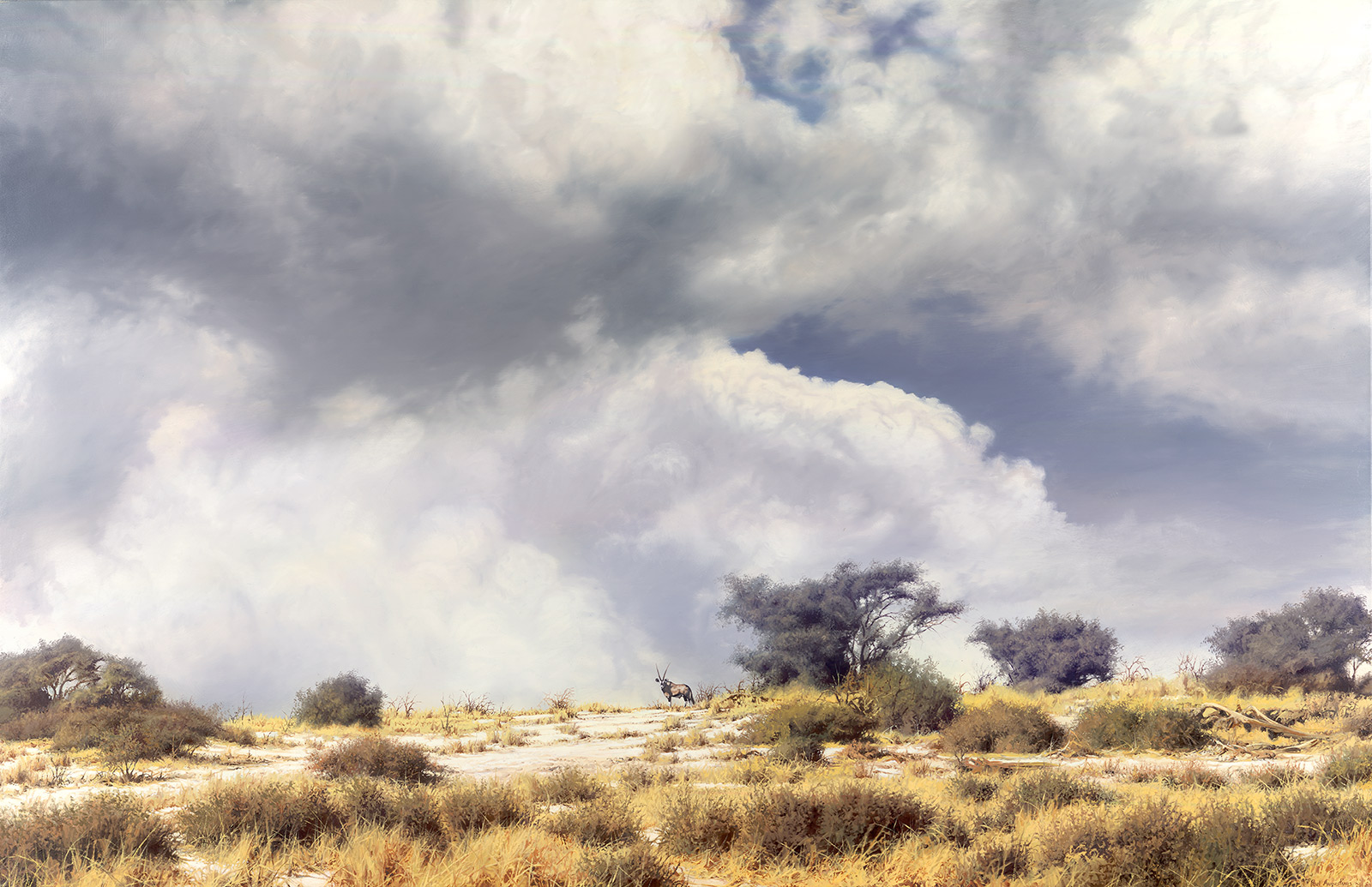 A Paul Augustinus painting of a solitary gemsbok standing on a distant sand ridge in Kalahari scenery