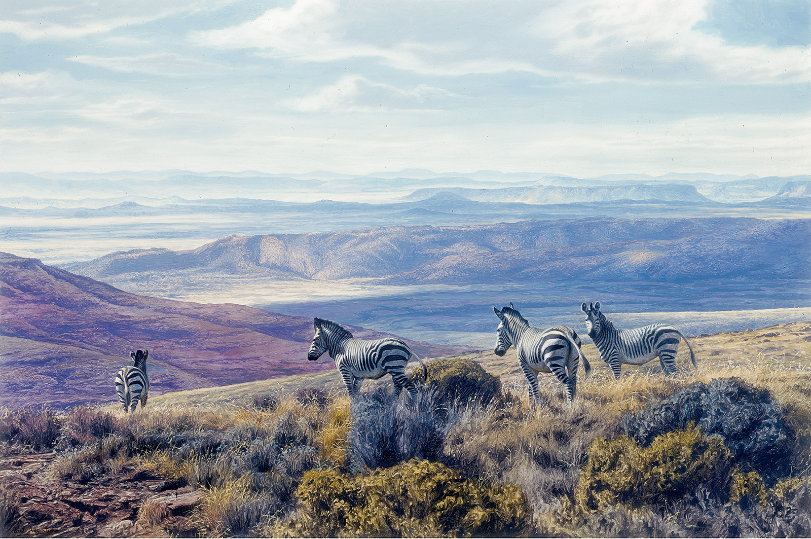 A Paul Augustinus painting of zebras running along a ridge in  mountainous Karoo scenery