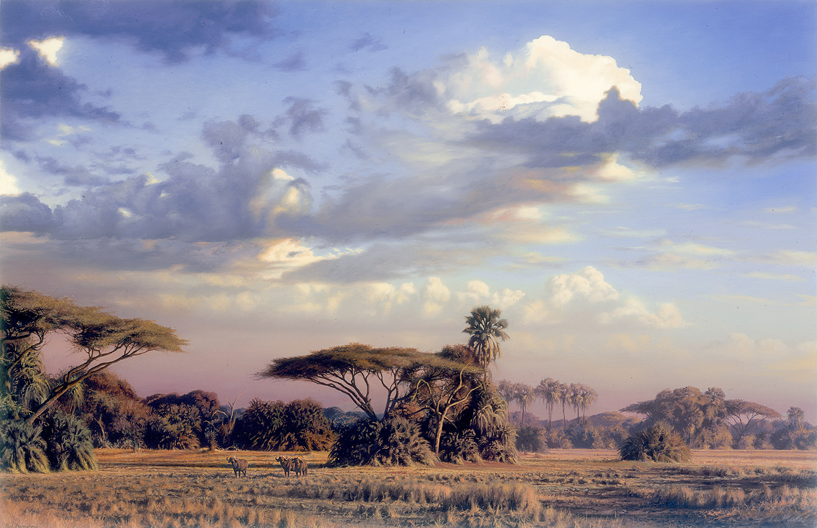A Paul Augustinus painting of acacia and palm scenery in the Northern Okavango at Mombo, with some plains game in the foreground