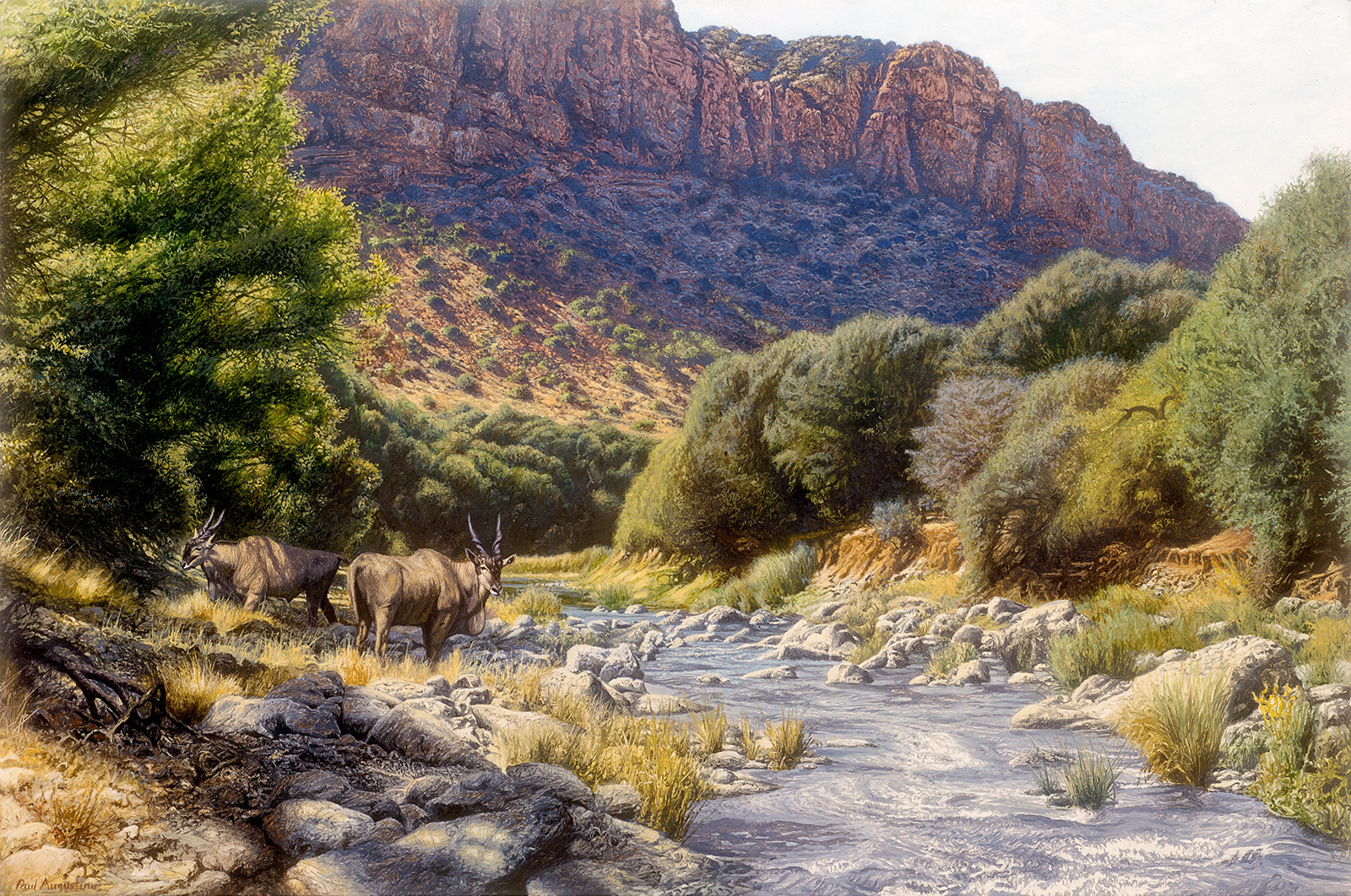 A Paul Augustinus painting of eland antelope drinking from a flowing stream in a valley inmountainous Karoo scenery