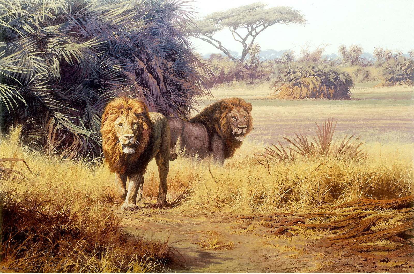 A Paul Augustinus painting of two male lions hunting through palm scrub and floodplain scenery in the Eastern Okavango at San ta Wani