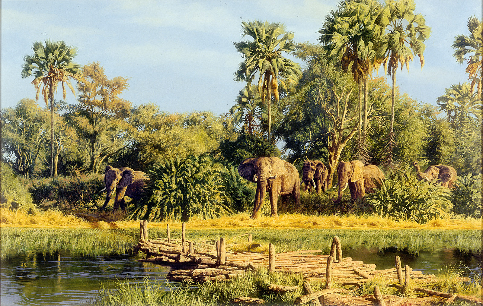 A Paul Augustinus painting of  a herd of elephant browsing near to an old rickity mopane pole bridge crossing a stream in the Jau area of the Okavango in Botswana