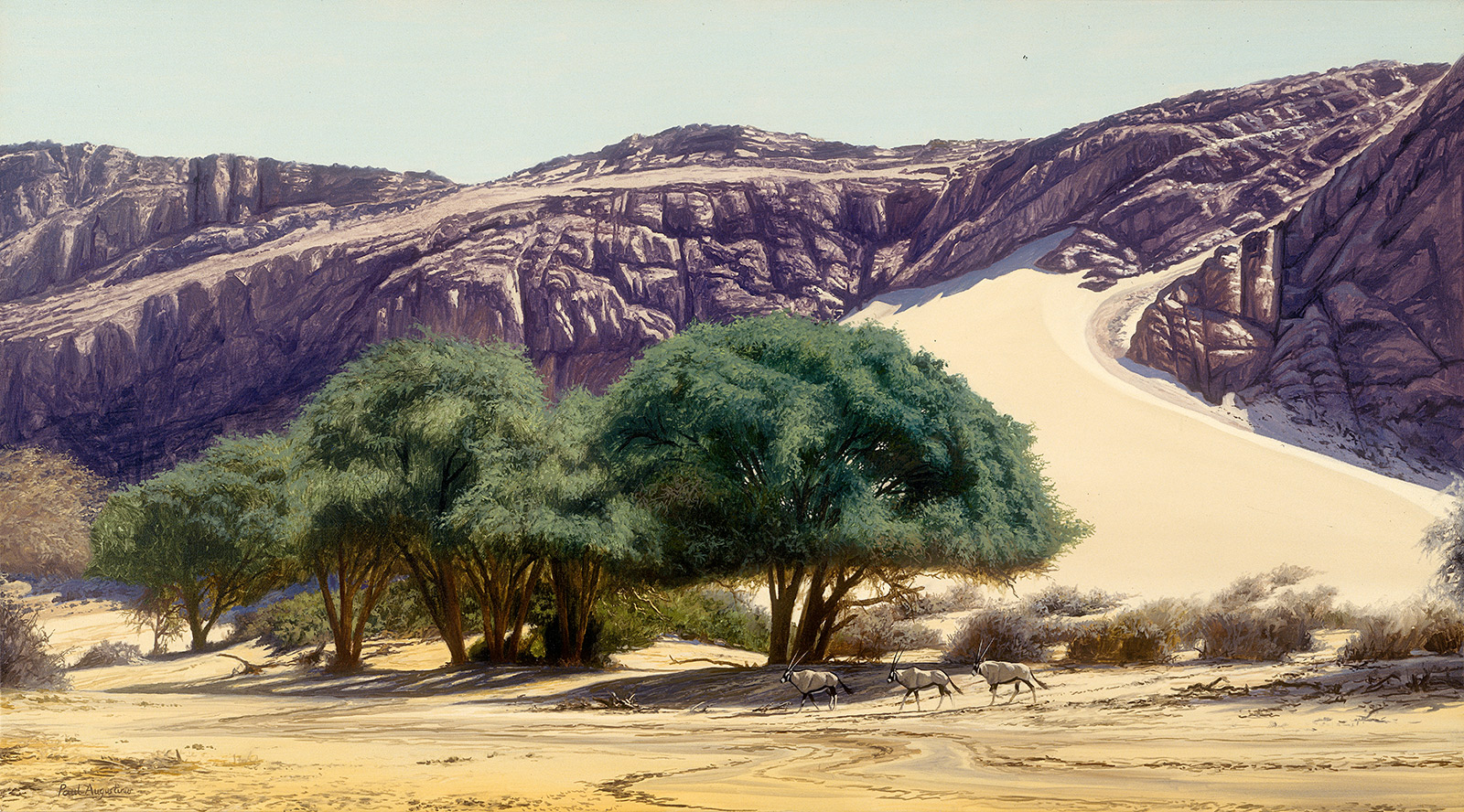 A Paul Augustinus painting of  several gemsbok in arid desert scenery in the Hoanib Valley in Namibia where it cuts through the Namib Desert