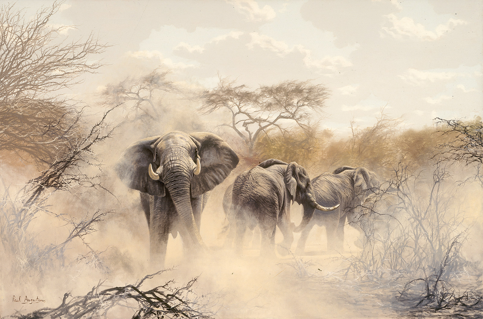 A Paul Augustinus painting of several elephant kicking up dust in the Okaukuejo area of Etosha in Namibia