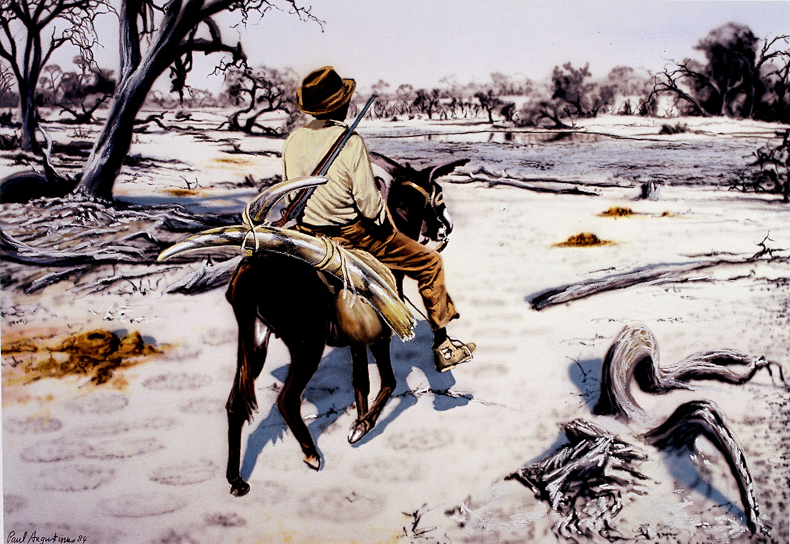 A Paul Augustinus painting of of a poacher with elephant tusks that he encountered in the Ngwezumba, Chobe National Park, Botswana