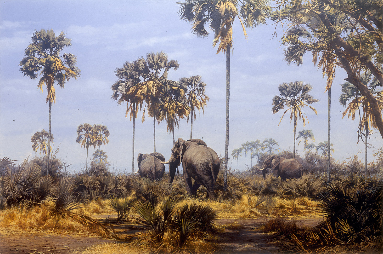 A Paul Augustinus painting of elephants in typicla Okavango scenery in Botswana 