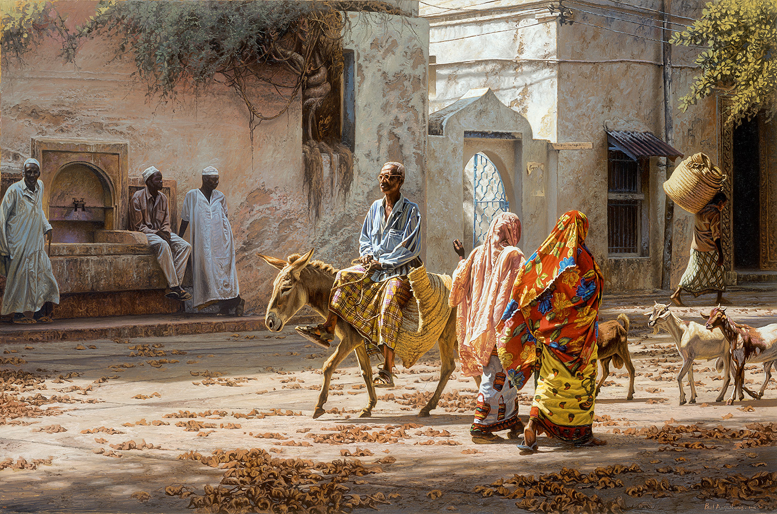 A Paul Augustinus painting of the crowds thronging the central square in the heart of Lamu Town on the Swahili Coast in Kenya 