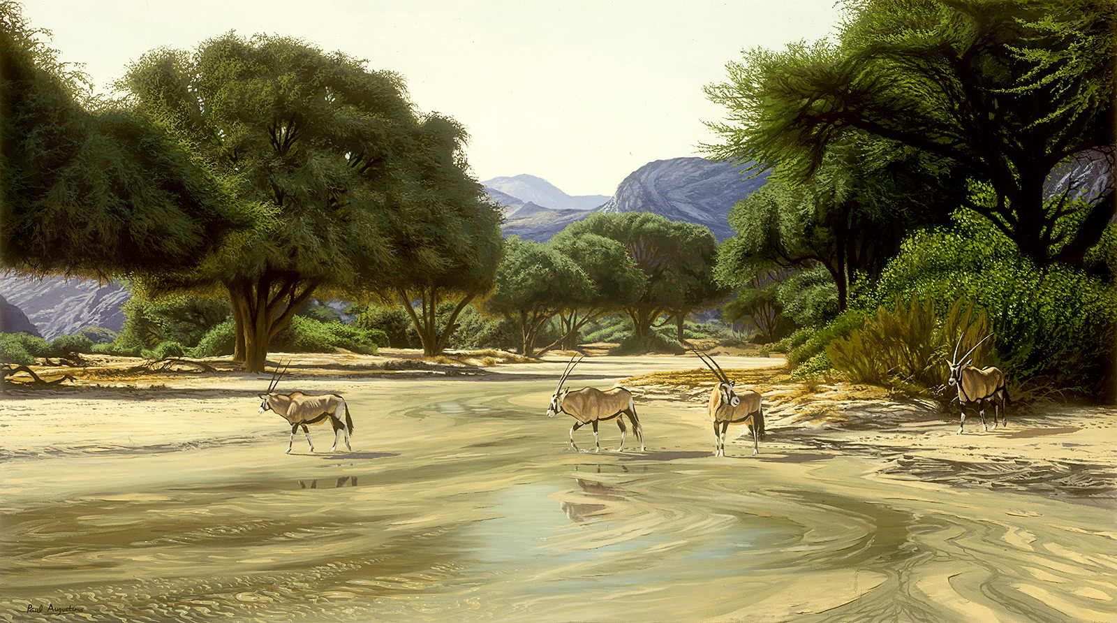 A Paul Augustinus painting of  gemsbok in the Hoanib Valley in Namibia during the wet season when water flows through this desert river