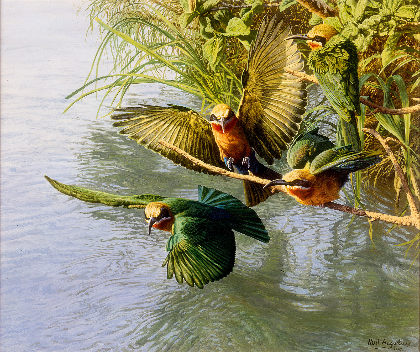 A Paul Augustinus painting of bee eaters fluttering above the waters of the Okavango River in Northern Botswana