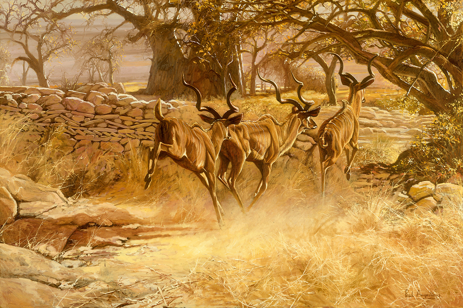 A Paul Augustinus painting of kudu antelope in the anciet ruins found on an island in Sua Pan in Central Botswana 