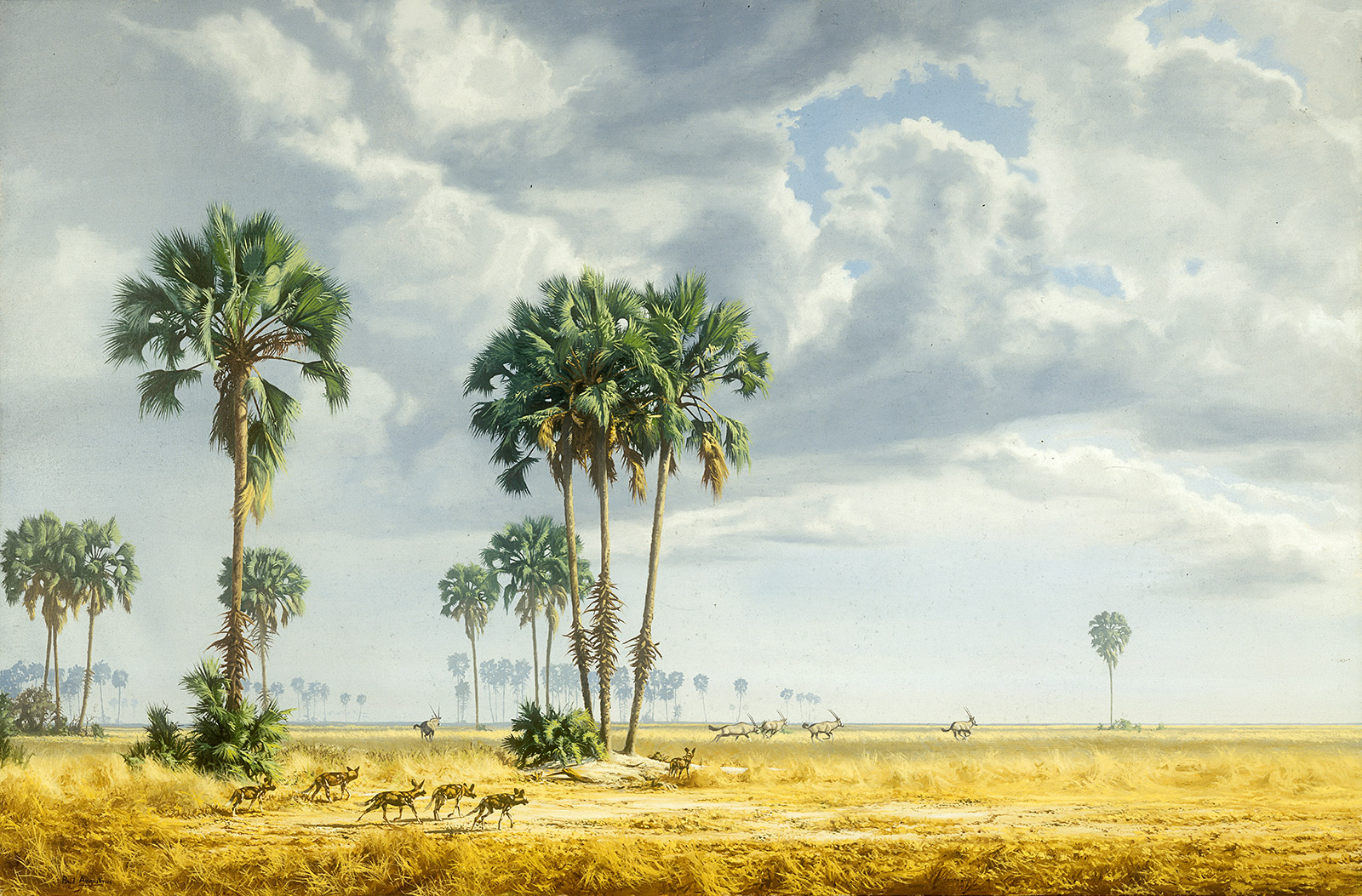A Paul Augustinus painting of wild dogs in the Makgadikgadi Pans Game Reserve in central Botswana