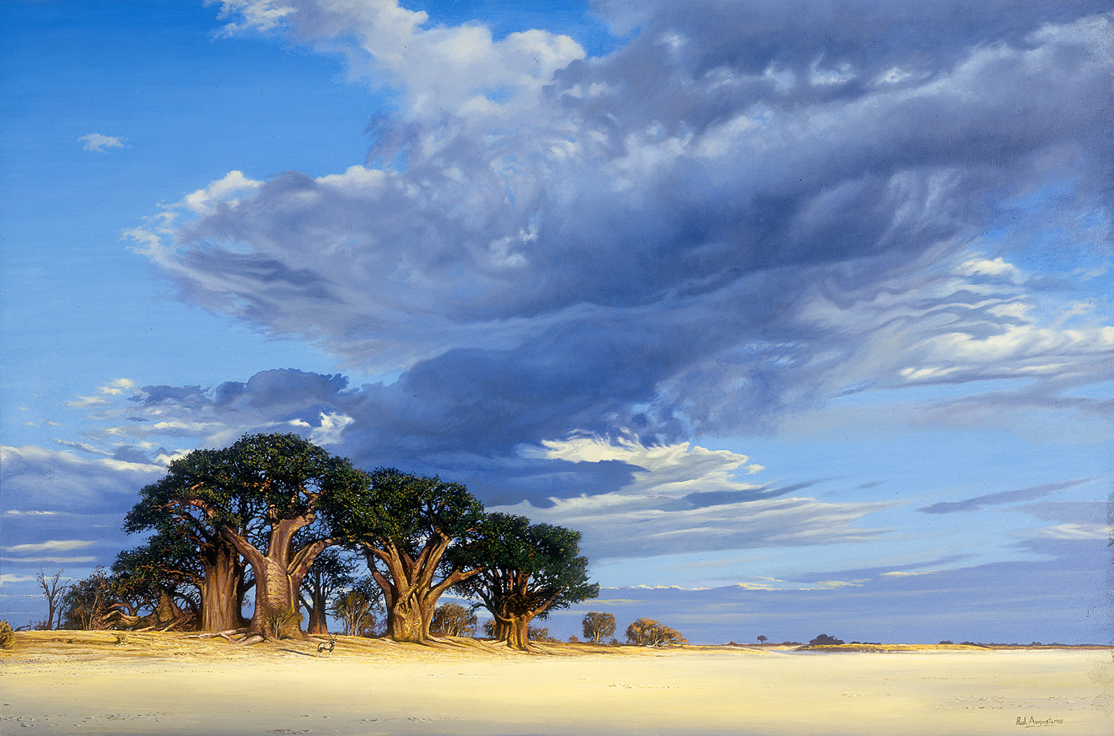 A Paul Augustinus painting of the seven baobabs known as Baines Baobabs on Kudiakam Pan to the south of Nxai Pan in Botswana