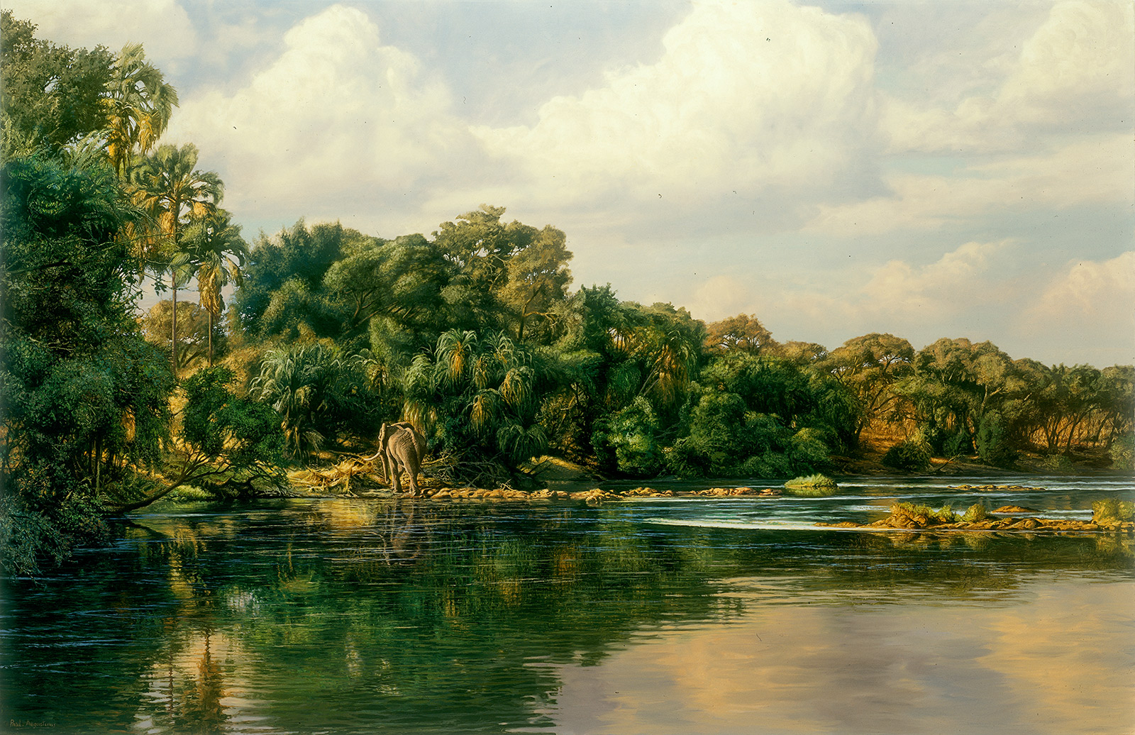 A Paul Augustinus painting of an elephant watering fromthe Zambezi River far upstream of the Victoria Falls in Zimbabwe