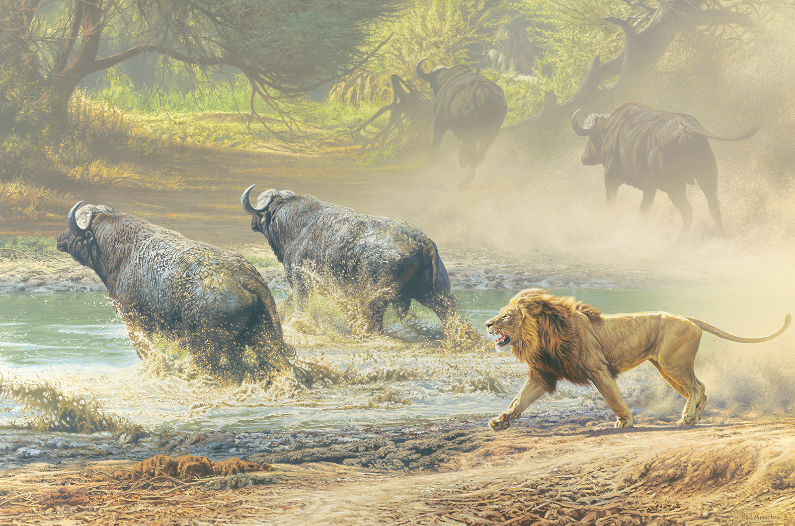 A Paul Augustinus painting of two lion males chasing buffalo out of a waterhole on Chief's Island in the Okavango, Botswana 