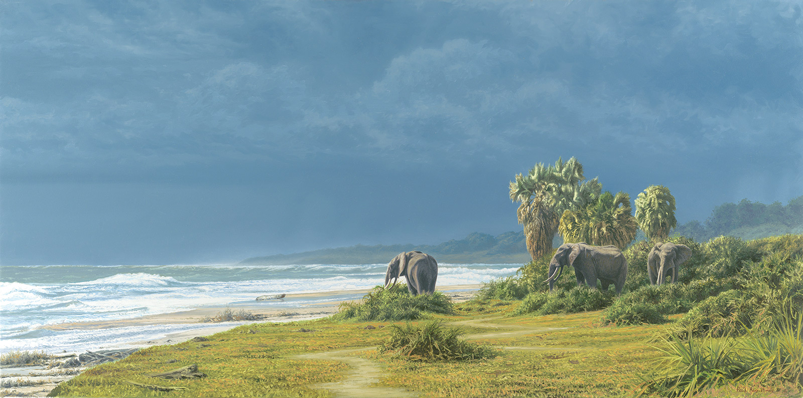 A Paul Augustinus painting of forest elephants on a beach on the Iguela Coast of Gabon 