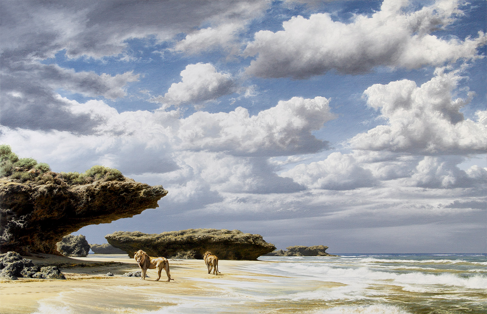 A Paul Augustinus painting of two coastal lions hunting along the beach up near the Kenya border with Somalia on the Swahili Coast 