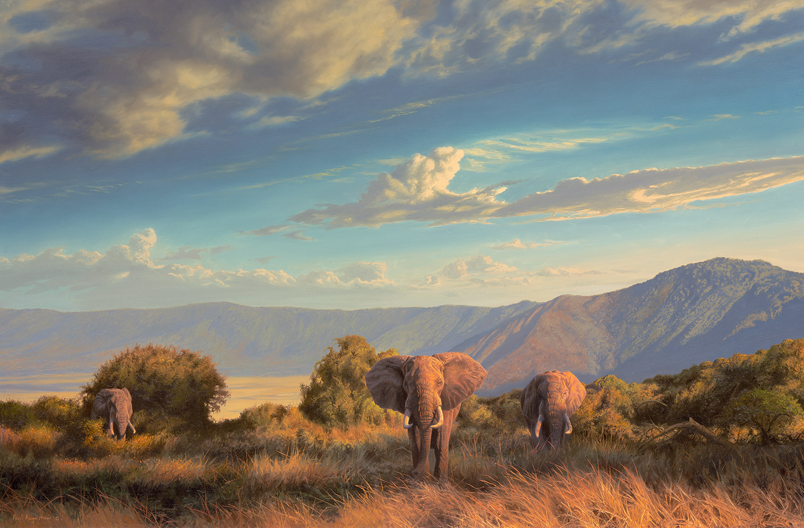 A Paul Augustinus painting of several elephant feeding along the rim of Ngorongoro Crater in Tanzania