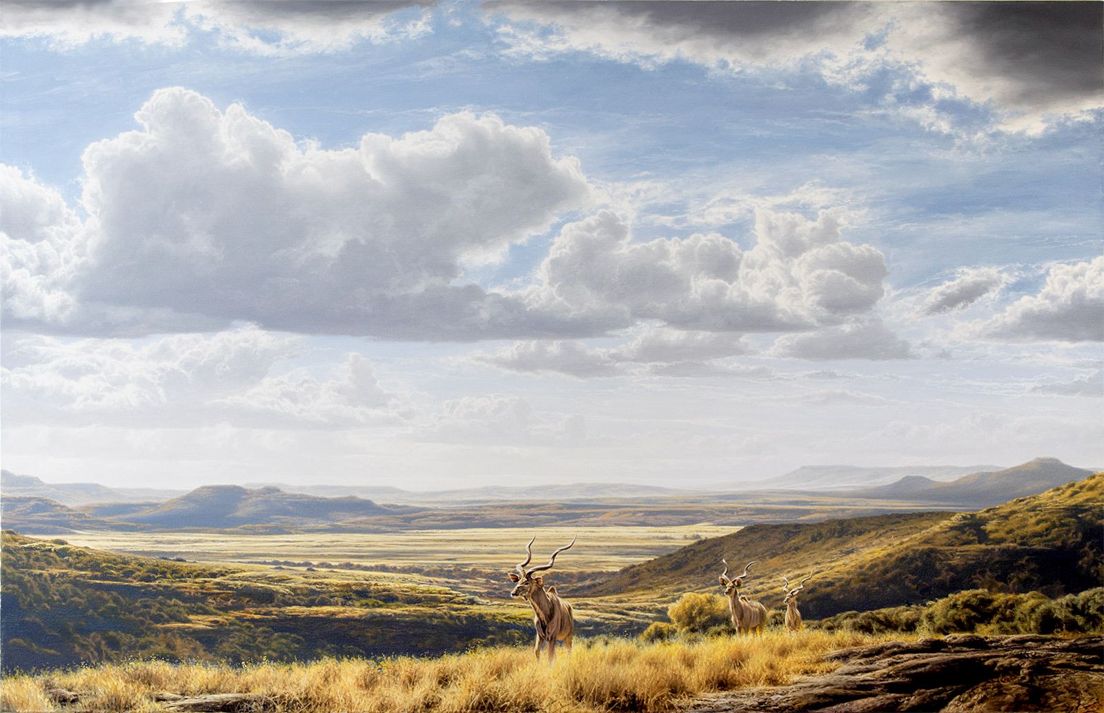 A Paul Augustinus painting of three kudu antelope crossing a high ridge in the Karoo in South Africa