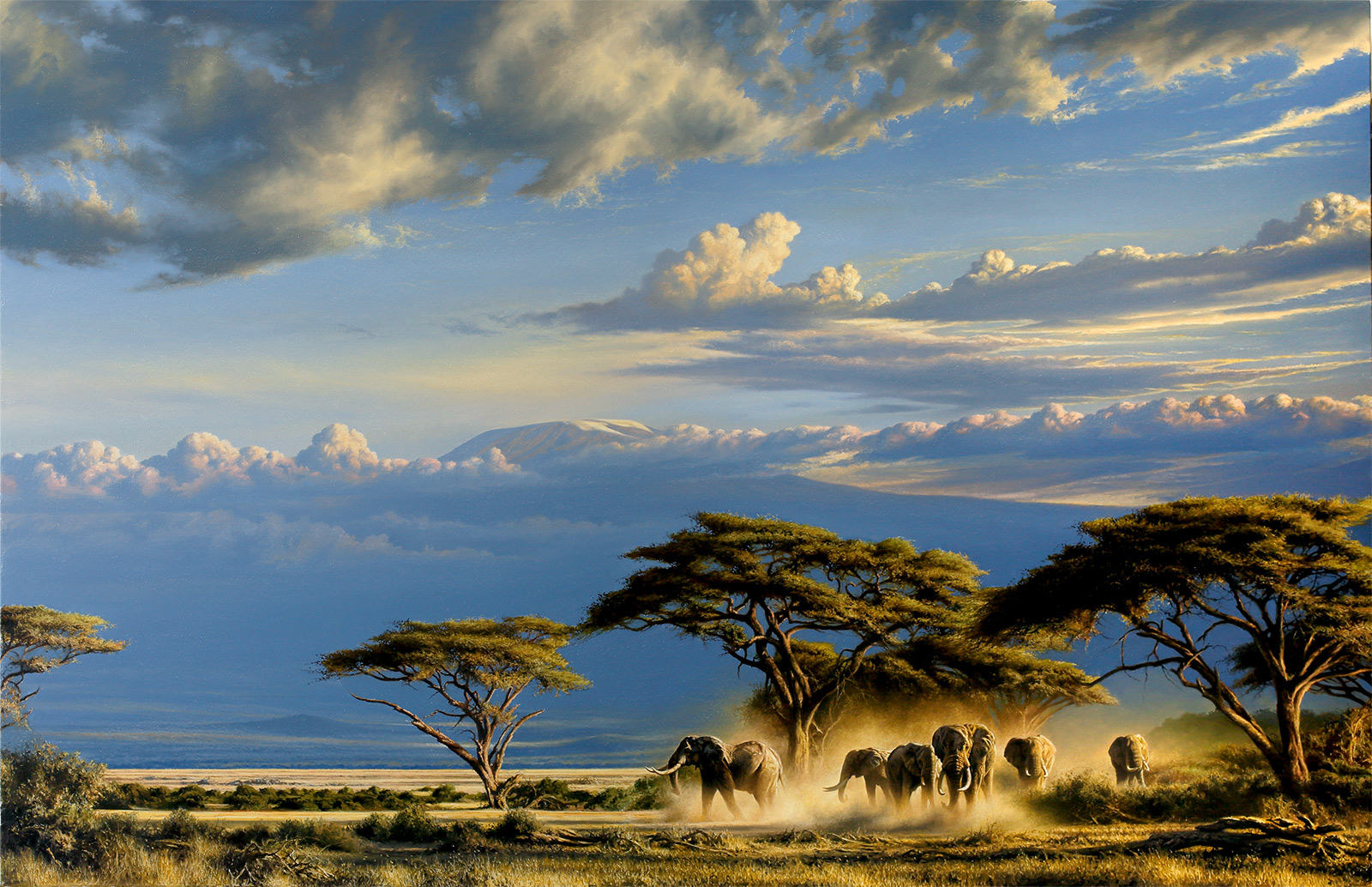 A Paul Augustinus painting of a herd of elephants on the plains below Kilimanjaro in Amboseli, Kenya