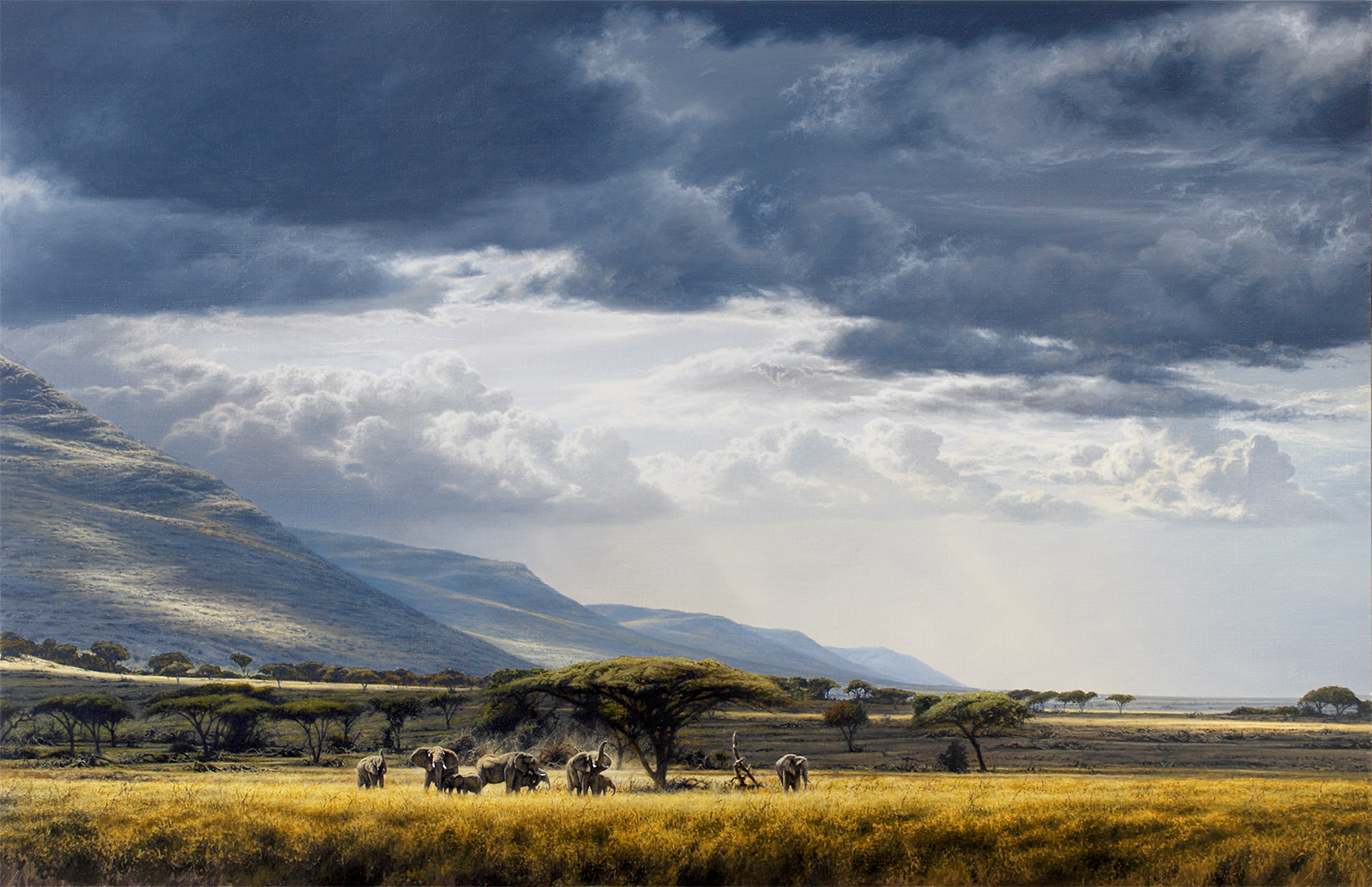 A Paul Augustinus painting of a herd of elephants at the foot of the Oloololo Escarpment in the Mara Triangle in Kenya