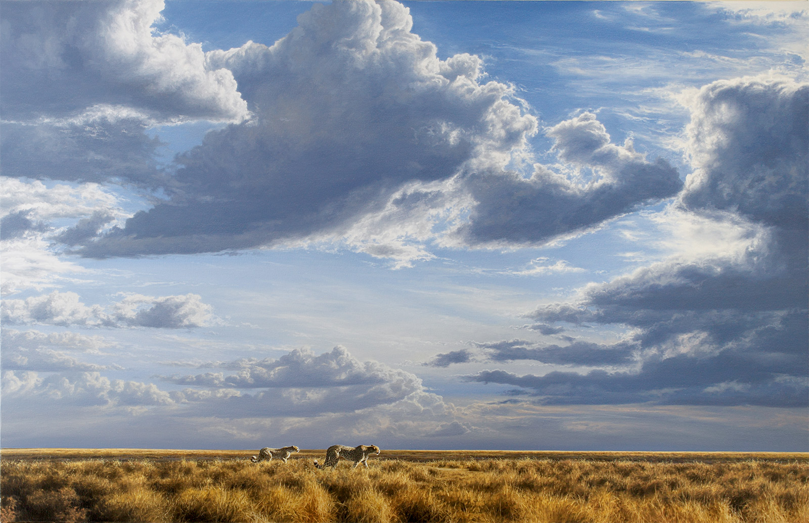 A Paul Augustinus painting of 2 cheetah out on a vast plain in Kenya
