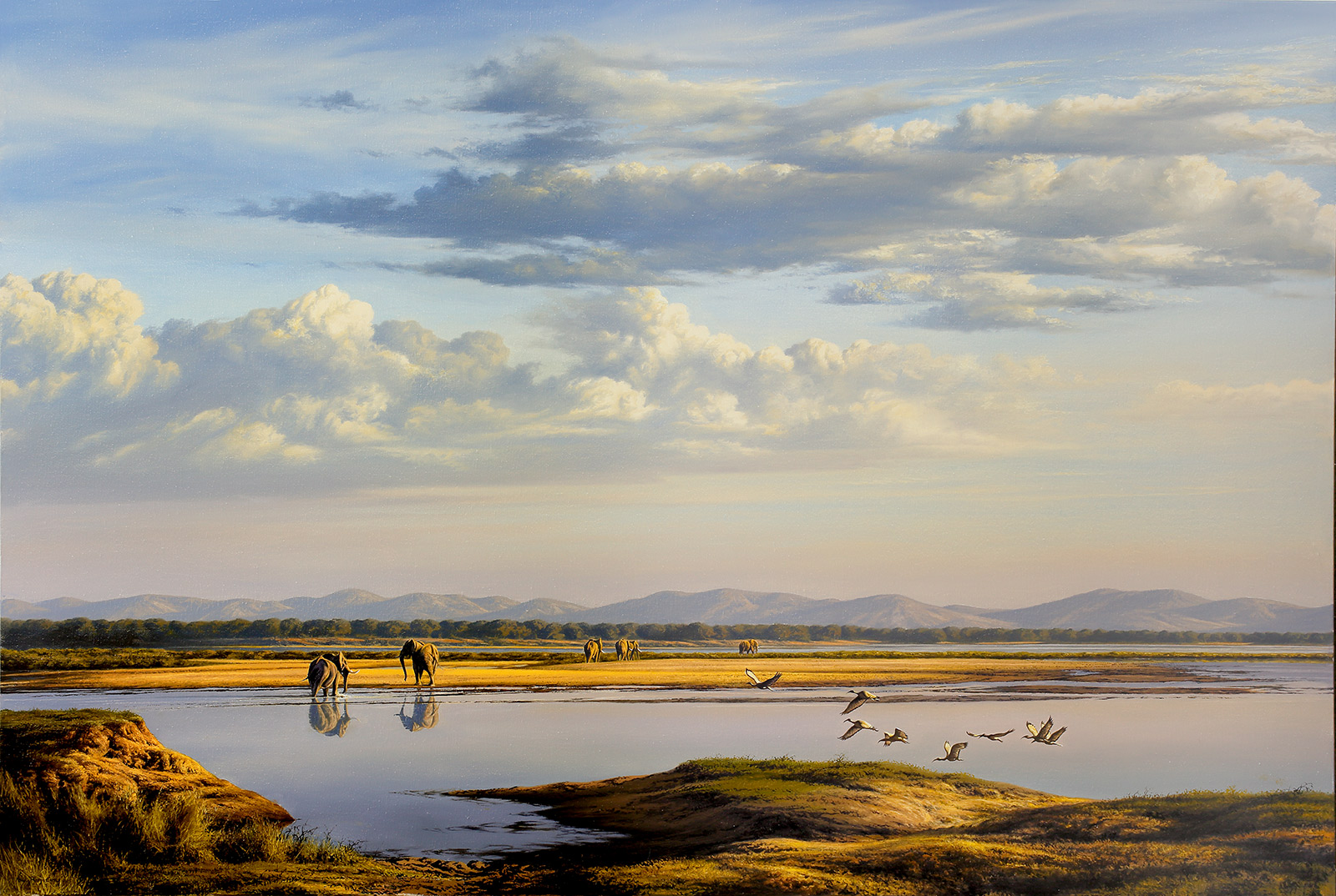 A Paul Augustinus painting of elephants on the Sapi floodplains of the Zambezi River in Zimbabwe