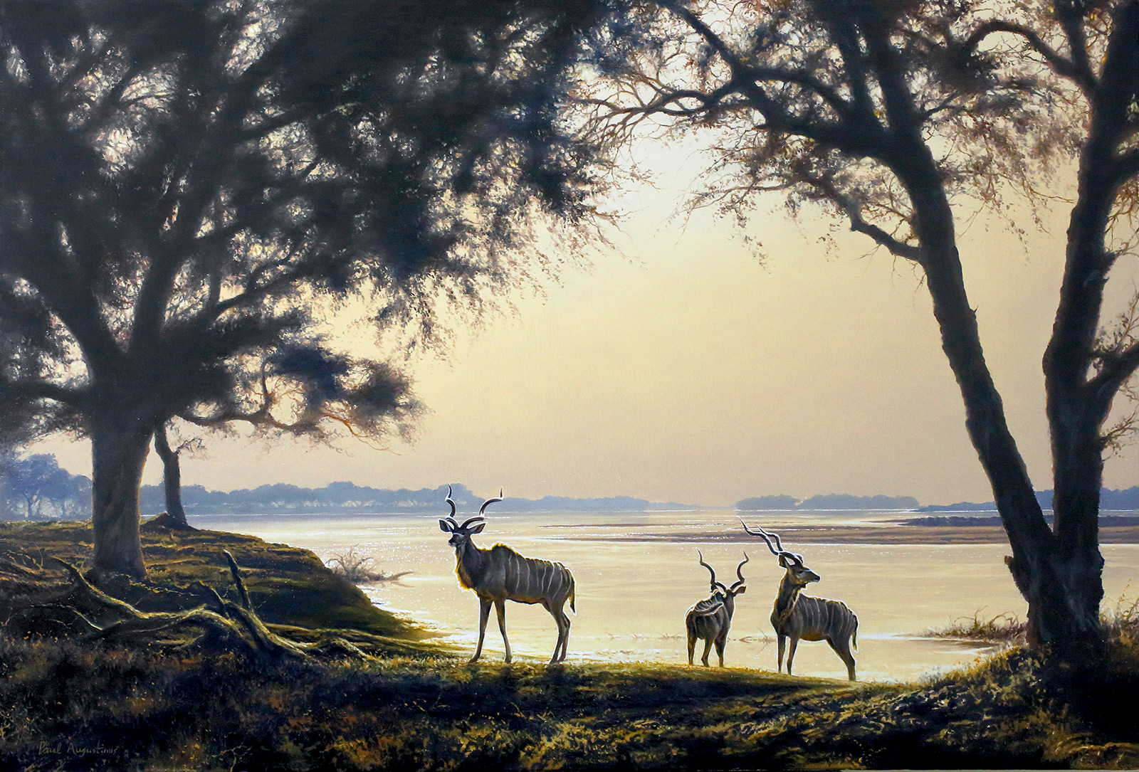 A Paul Augustinus painting of a herd of kudu about to water from the Zambezi River at Mana Pools National Park in Zimbabwe