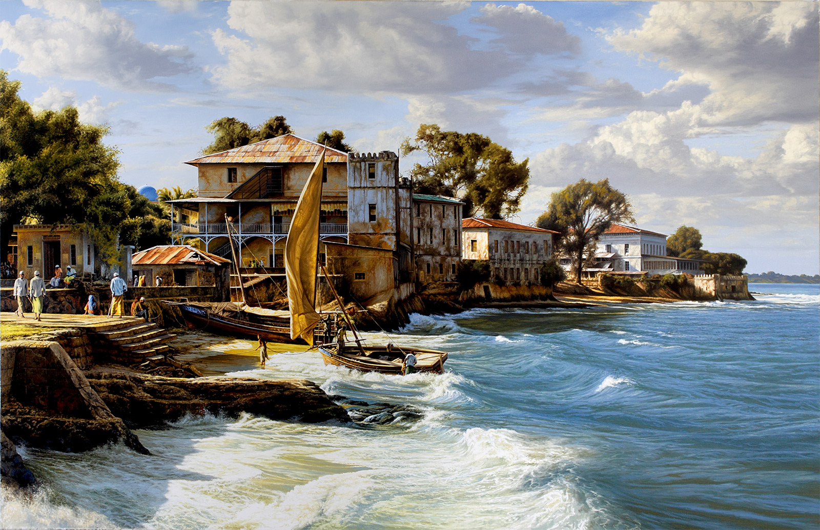A Paul Augustinus painting of a cove on the edge of Stone Town on the island of Zanzibar during high tide when dhows are beached