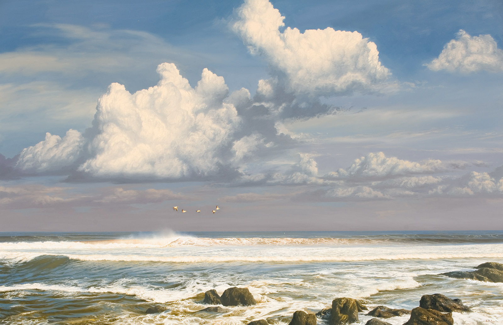 A Paul Augustinus painting of the waves breaking on a desert coastline reef on the Skeleton Coast in Namibia 