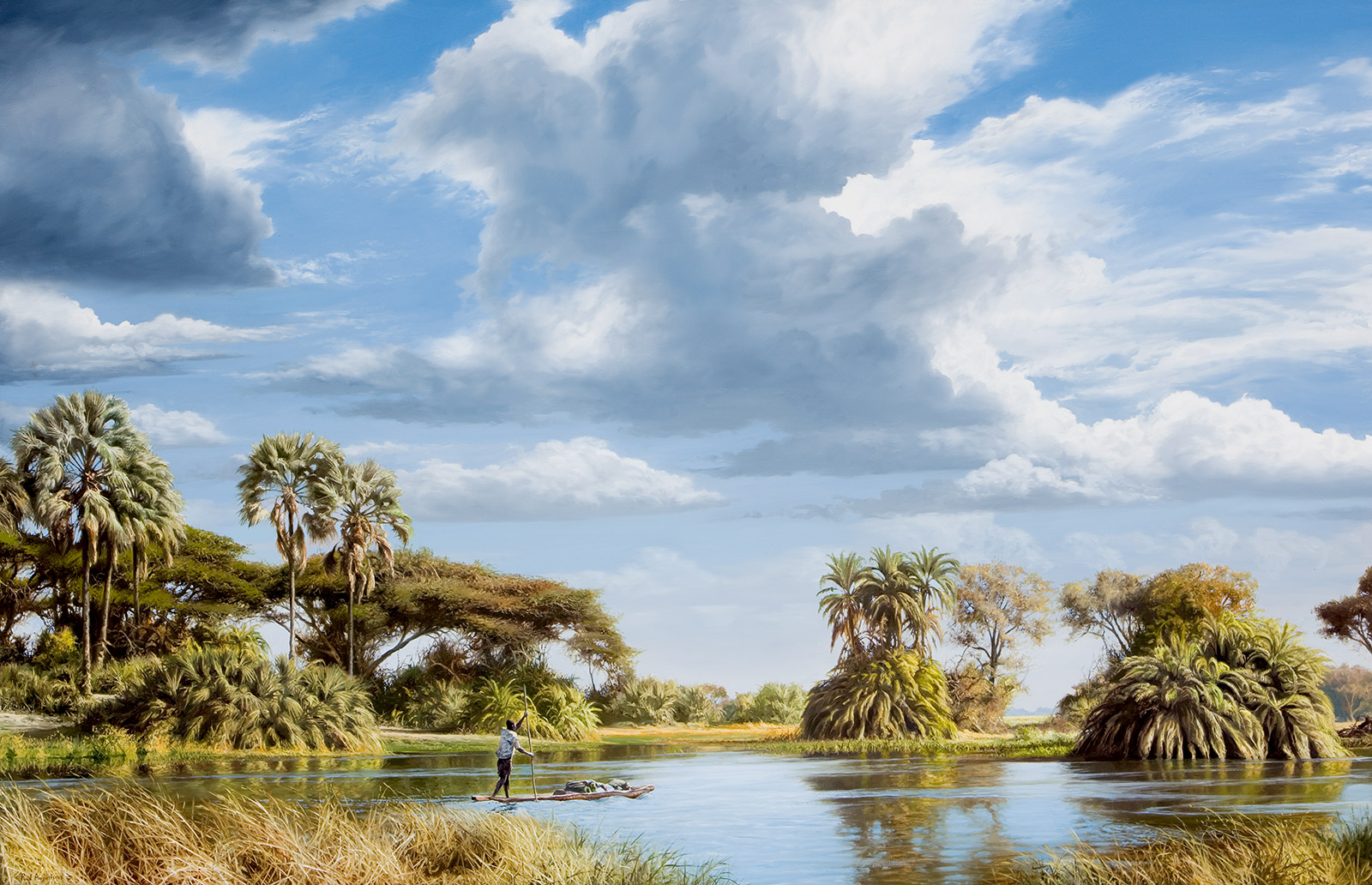 A Paul Augustinus painting of the Okavango in Botswana with a dugout and poler crossing a lagoon 