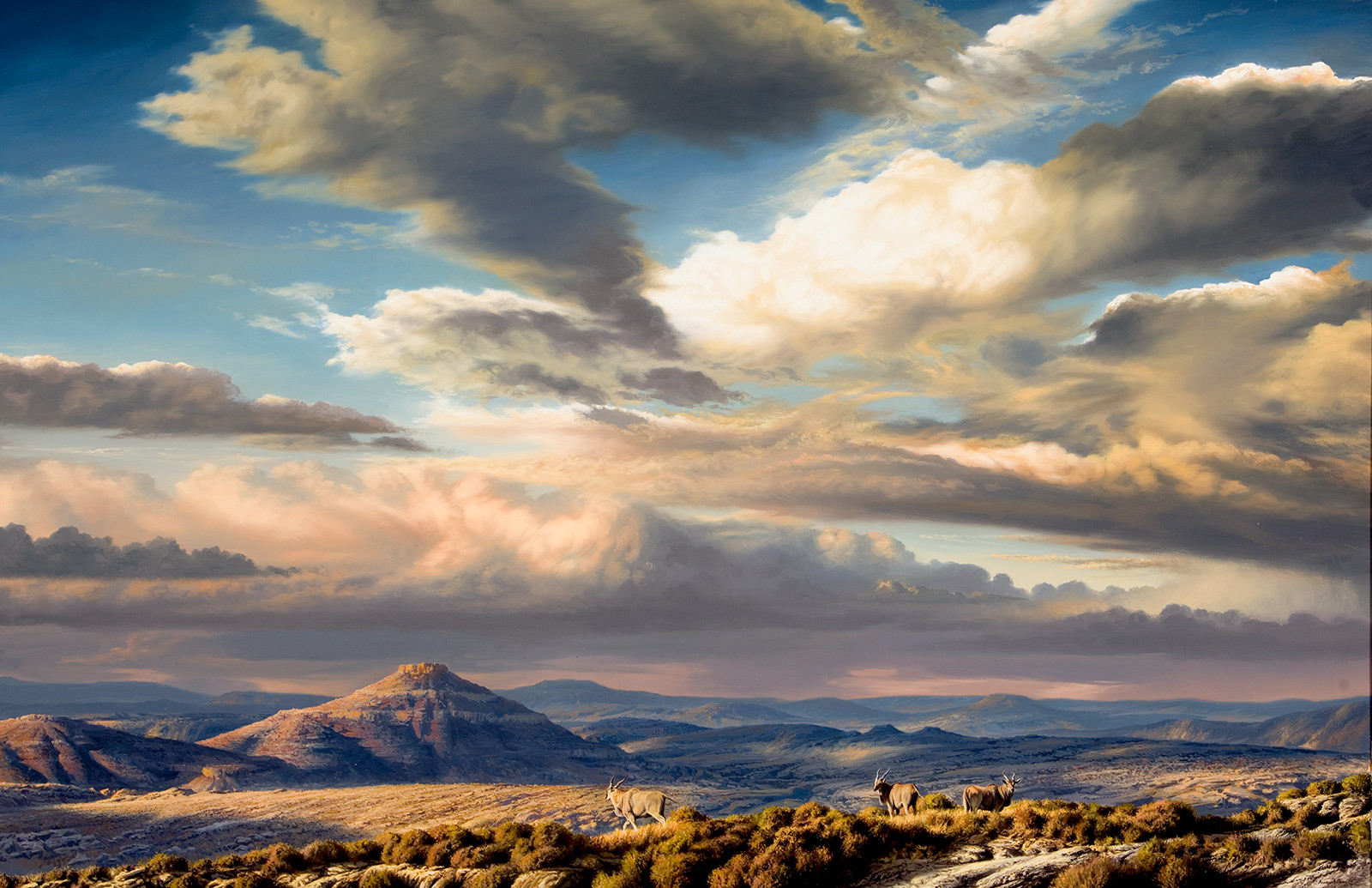 A Paul Augustinus painting of a herd of eland traversing a mountain ridge in the Karoo area of South Africa