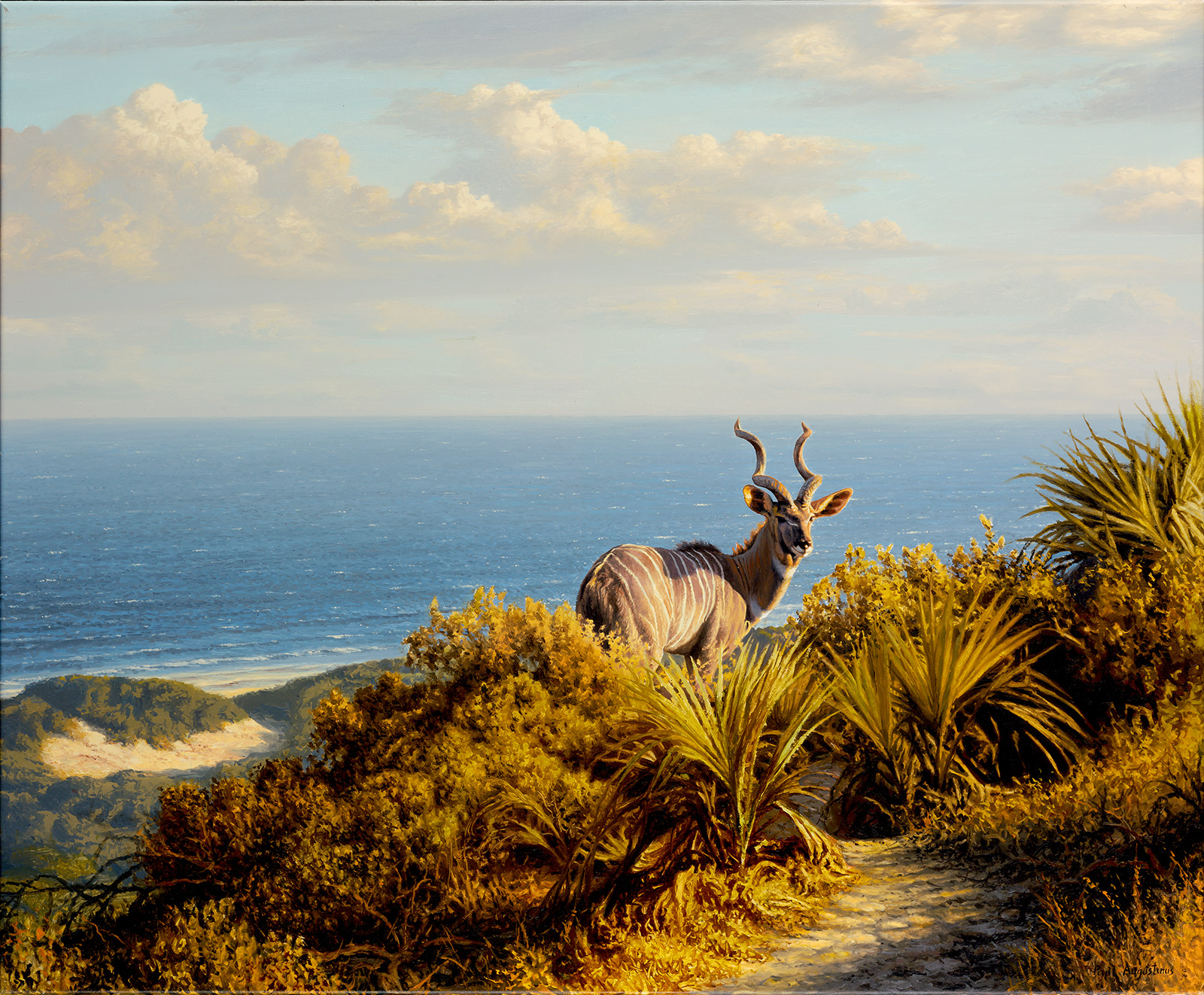 A Paul Augustinus painting of a lesser kudu antelope on a coastal dune north of Kiwayu, Kenya