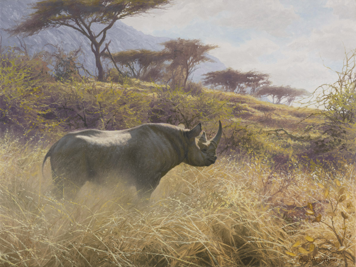A Paul Augustinus painting of a black rhino in the bushy country beneath a  looming Rift Valley escarpment.