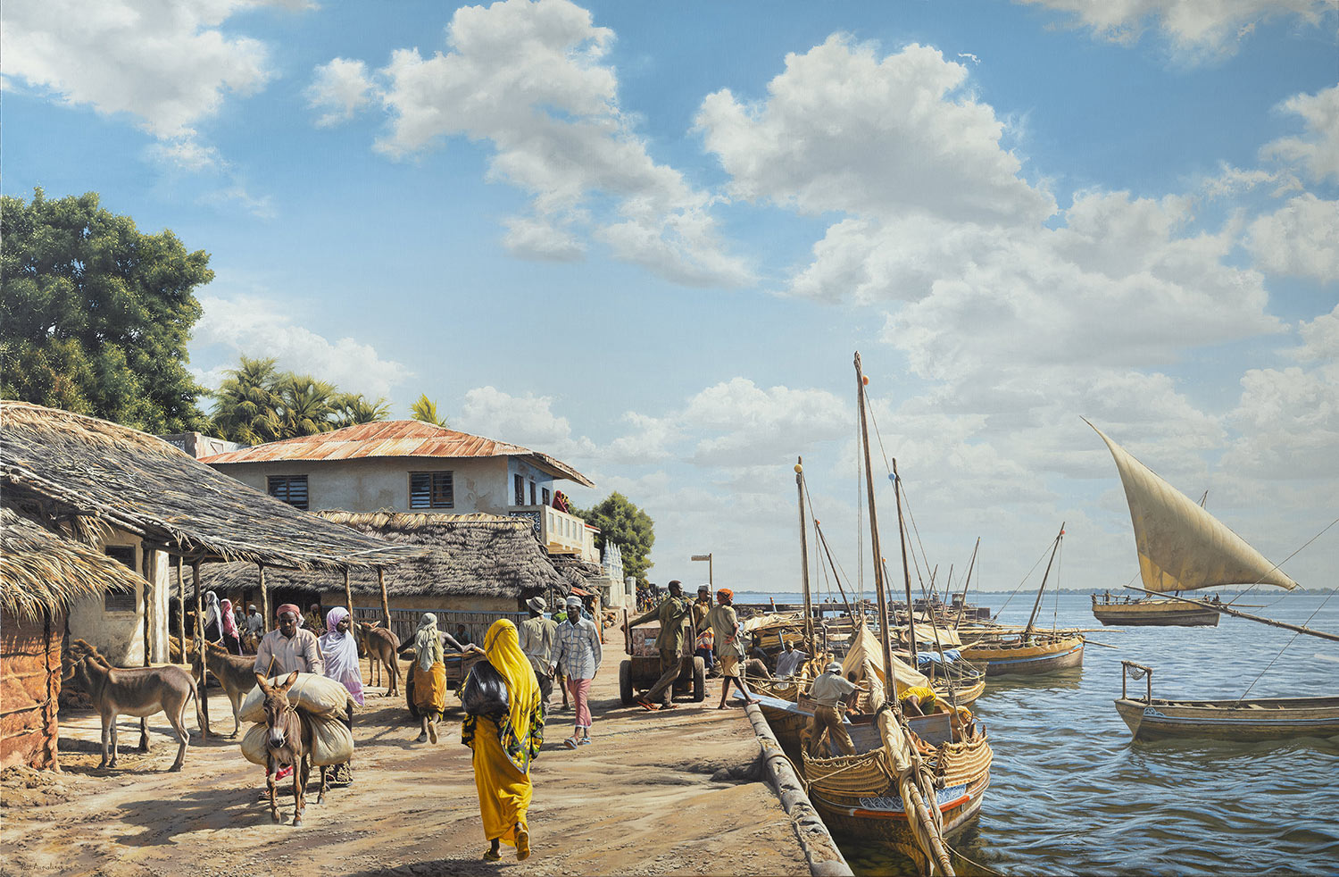  A Paul Augustinus painting of a  Jahazi dhow being loaded at Lamu Quay at high tide. The quay is busy with pedestrians heading towards the morning market. 