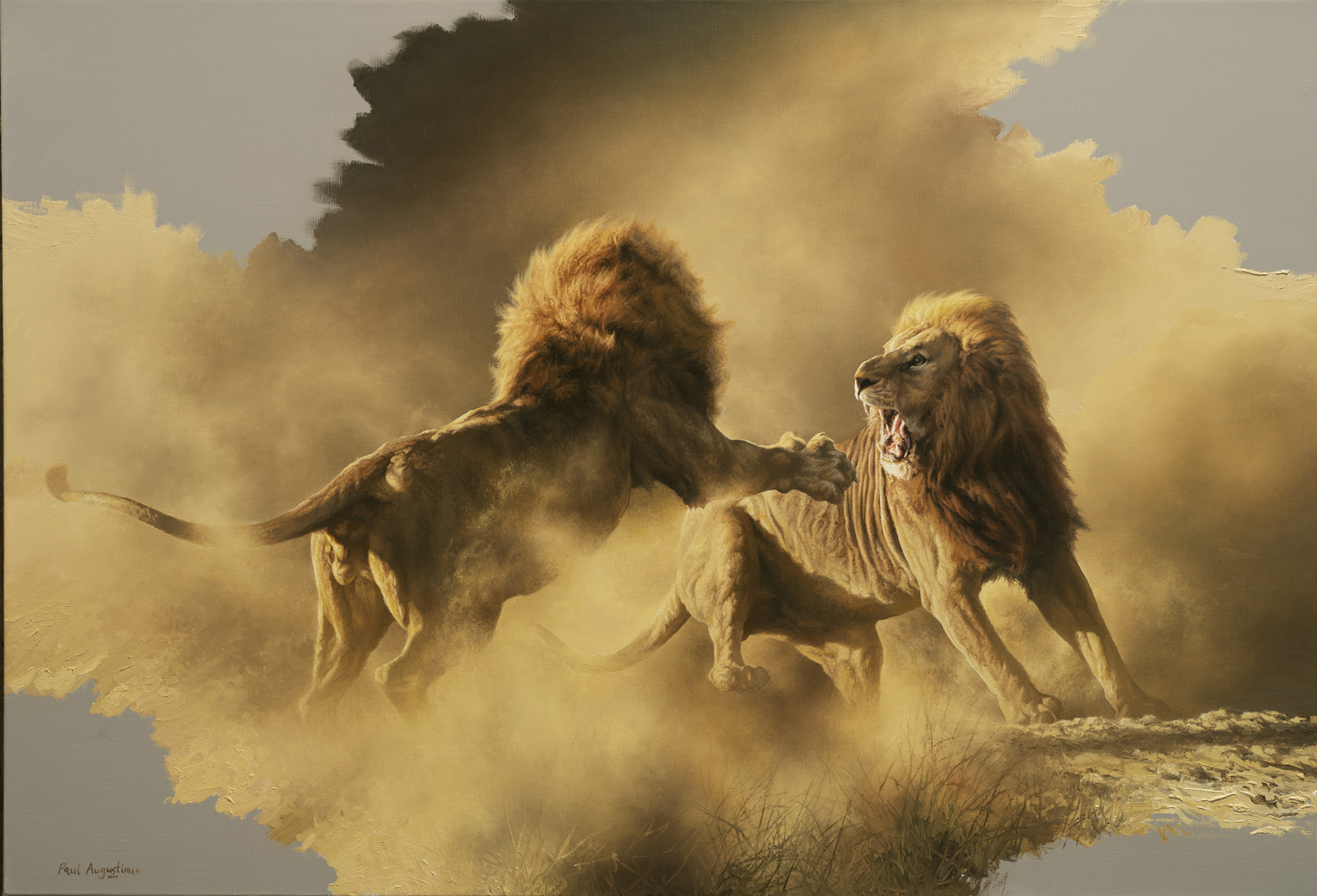  A Paul Augustinus painting of two magnificent male lions fighting in a cloud of dust. 