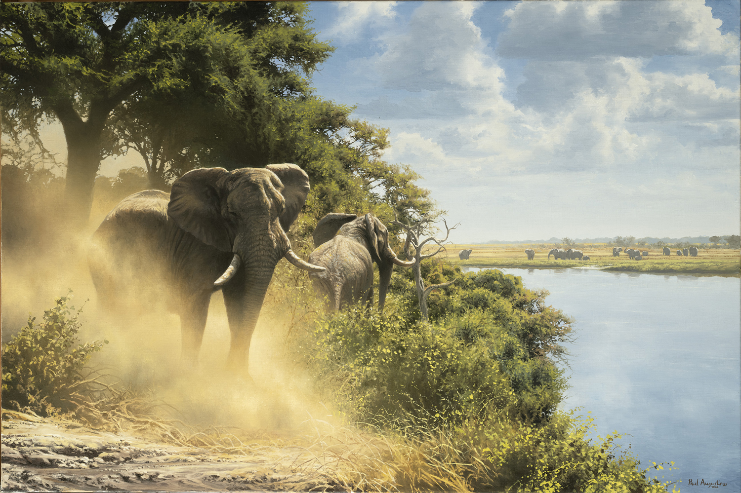  A Paul Augustinus painting of two Botswana elephants, alarmed in a dust cloud on the bank of a river.. 