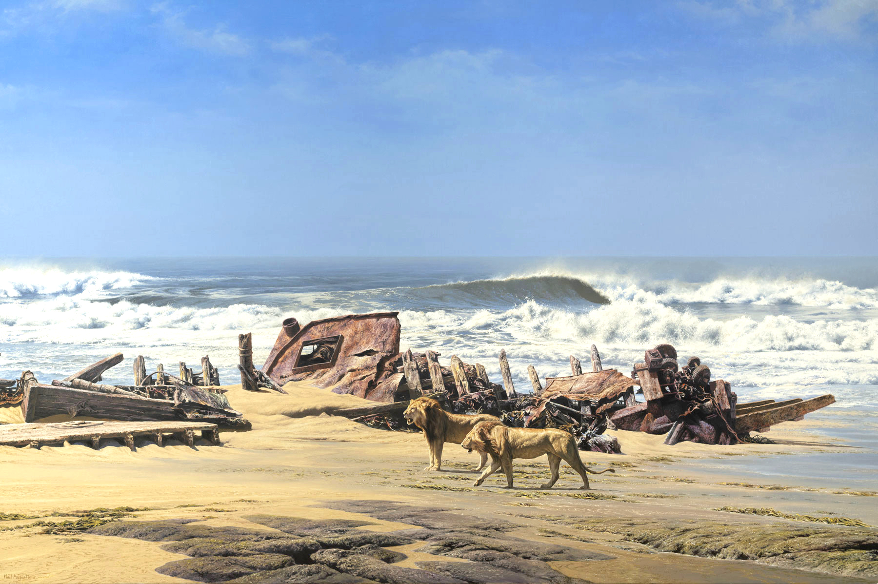  A Paul Augustinus painting of two coastal lions next to a wrecked fishing boat on the Skeleton Coast in Namibia. A yellow sand beach, blue sky and breaking waves are in the background 