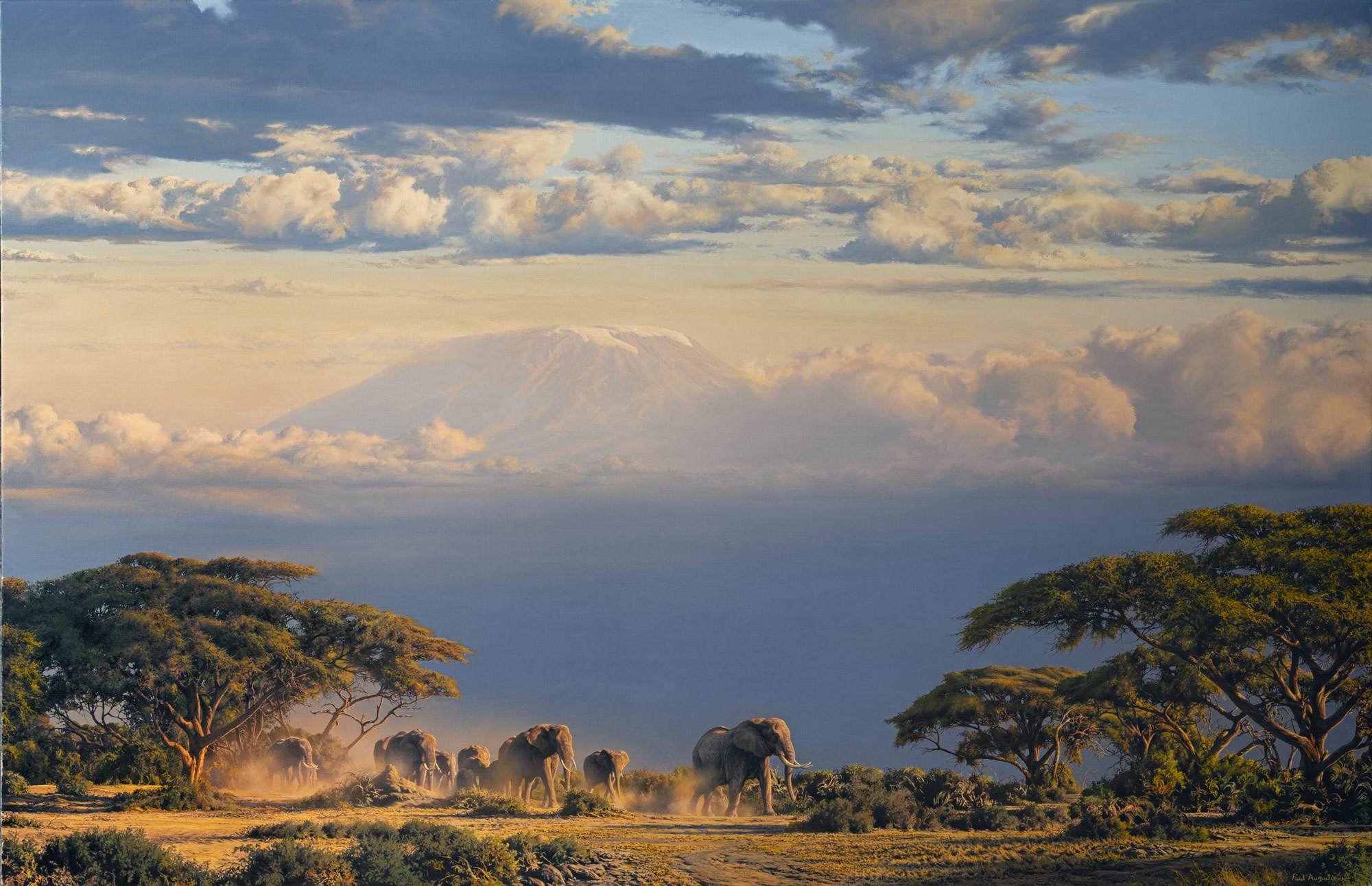 A Paul Augustinus painting of an evening scene of Kilimanjaro - the epic and beautiful watertower that serves all of Masailand.