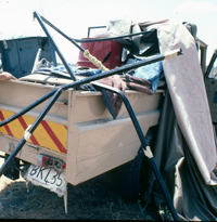 The damage done to the Land Cruiser belonging to Paul Augustinus. This happened in the Ngwezumba, Chobe, Botswana in the 1980s