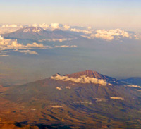 An aerial view of Kilimanjaro and Mount Meru in Tanzania