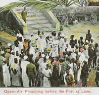 A portion of a vintage 1908 Lamu, Kenya, postcard put out by a German missionary group