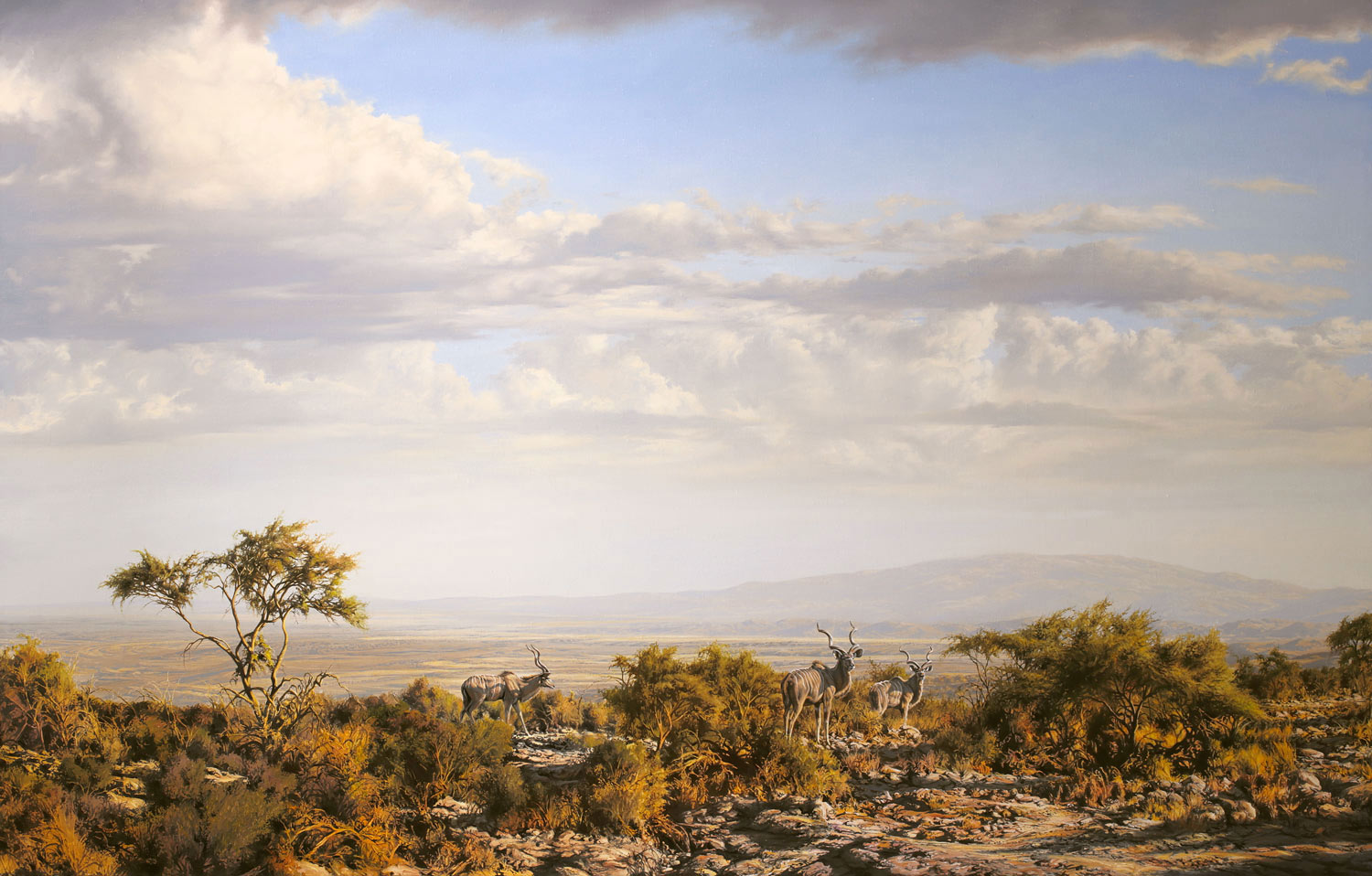 A Paul Augustinus painting of three greater kudu males browsing on the edge of an escarpment. Far below in the background is the vast floor of the East African Rift Valley