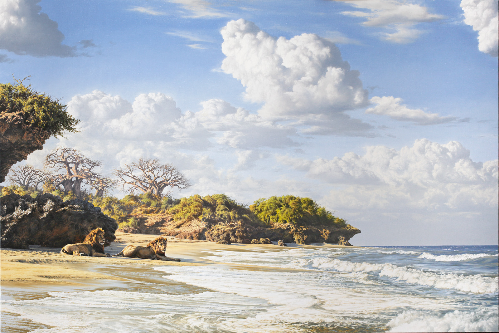 A Paul Augustinus painting of two male lions resting on a tropical sandy beach next to the waves, and under the shade of overhanging coral cliffs. Inland, stunted coastal baobab trees can be seen