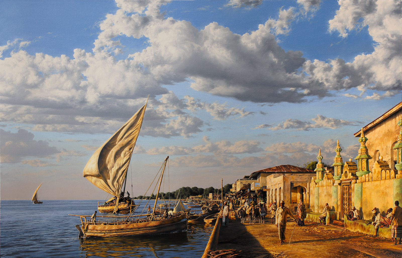 A Paul Augustinus painting of dhows arriving at the Lamu waterfront quay at mid morning and with a high tide, with lots of activity on the shore with pedestrians, workers and donkeys. Several men are seated on the bench along the wall of the local mosque.