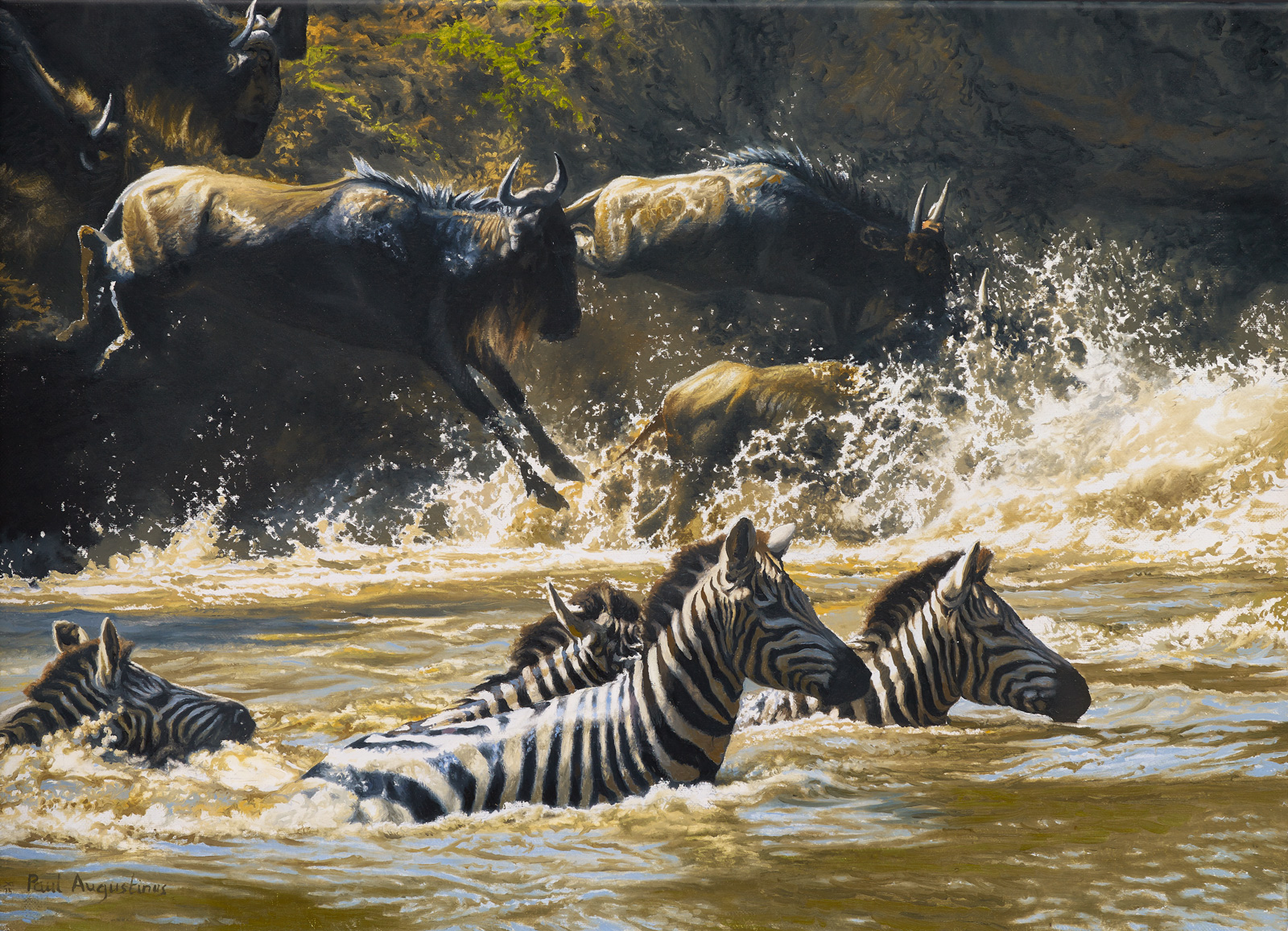 A Paul Augustinus wildlife painting with wildebeeste crossing a hazardous river with lots of splashing water and action. 