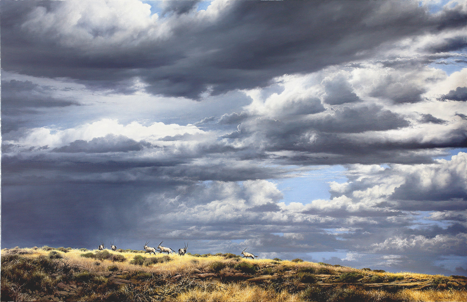 A Paul Augustinus wildlife painting of the Kalahari Desert with a herd of gemsbok galloping off over a nearby ridge while in the background ominous clouds are building up and a wind starting to blow.